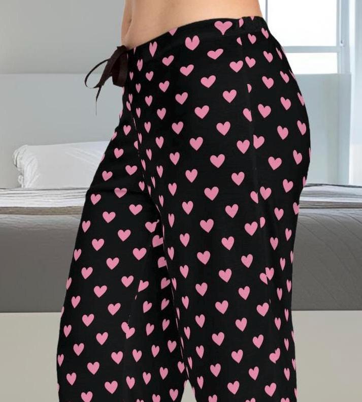 Heart Print Pajama Pants: Pink & Black Cozy Lounge Sleepwear