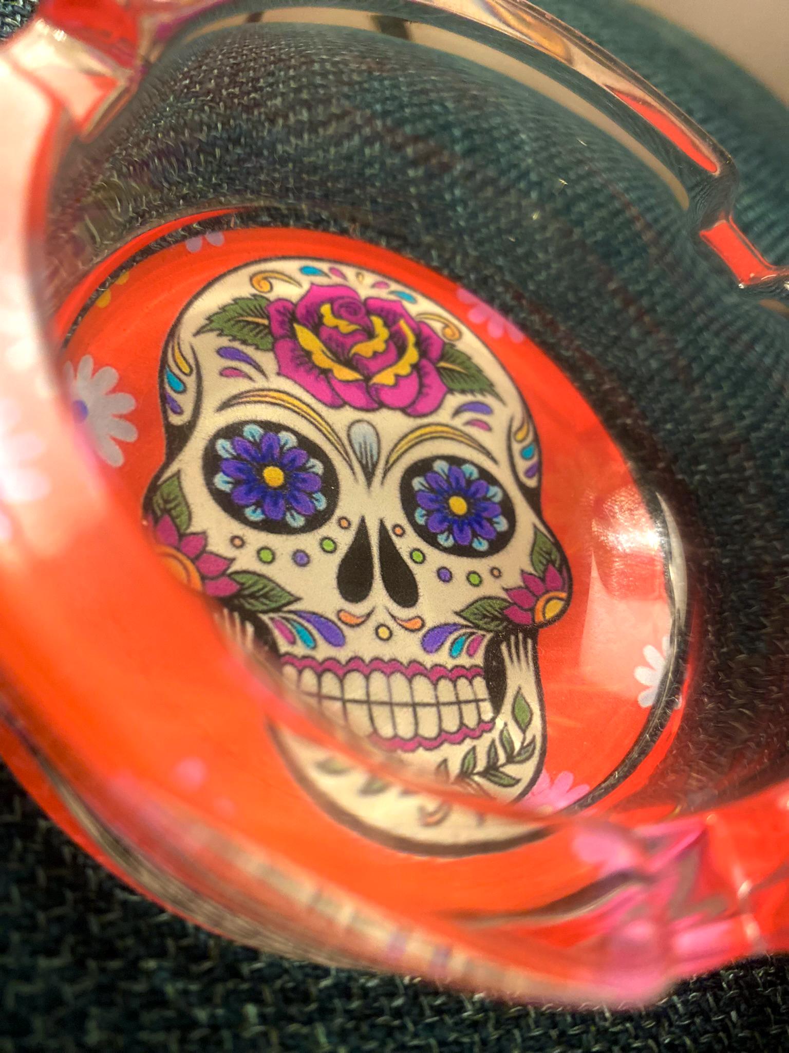 Vibrant Orange Sugar Skull, Decor Glass, Day of the Dead Ashtray, Thick Glass, Themed, Ashtray