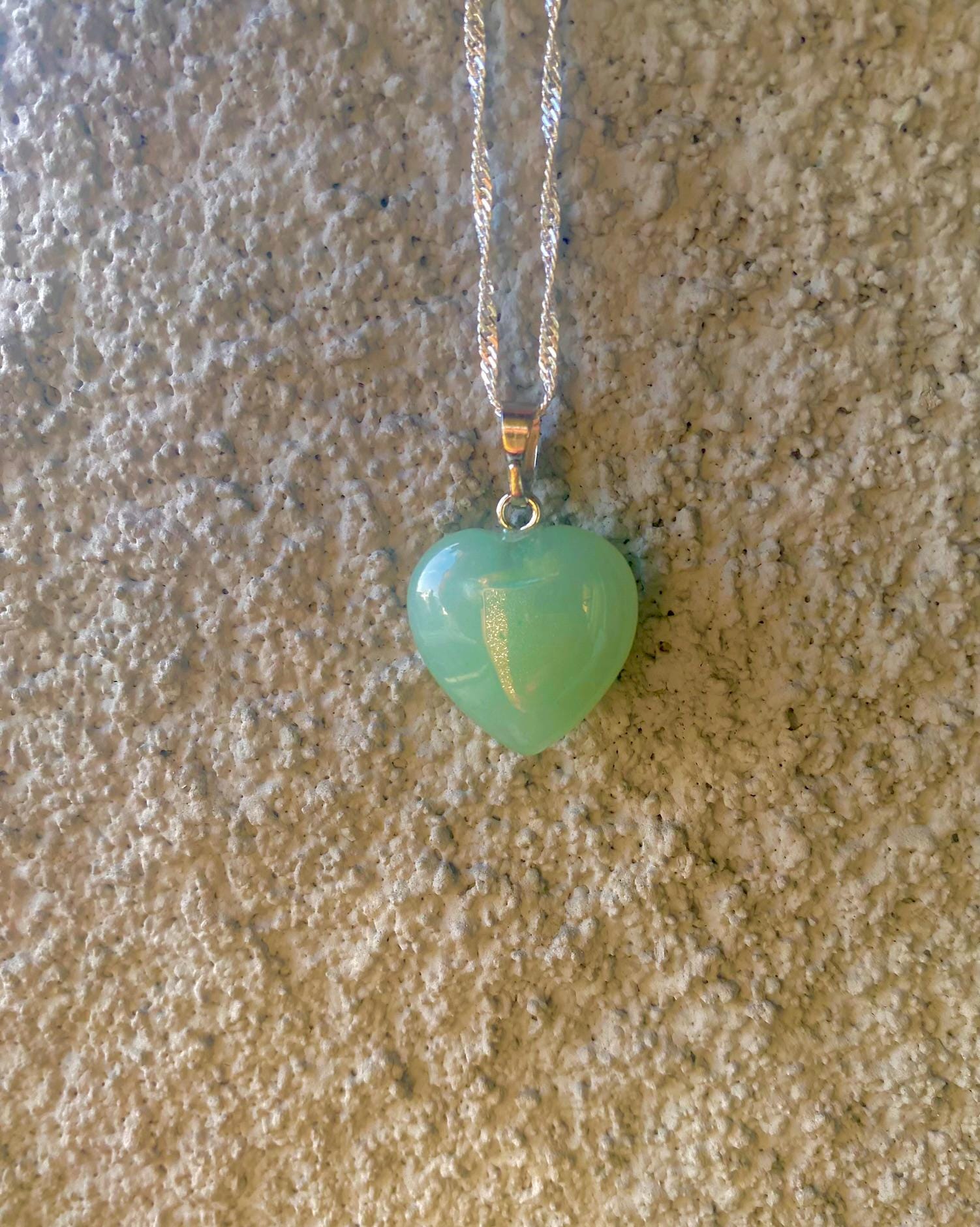 Jade Heart Necklace: Silver Chain, Green Gem