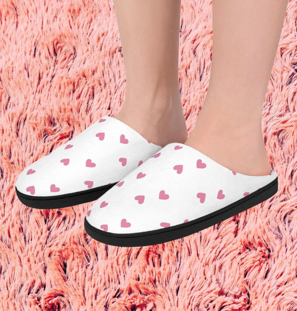 Fuzzy Pink Heart Slippers: Cozy White Plush House Shoes