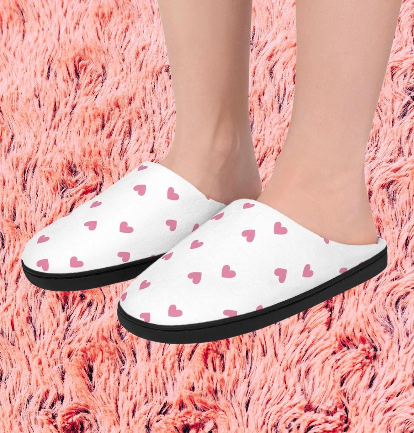 Fuzzy Pink Heart Slippers: Cozy White Plush House Shoes