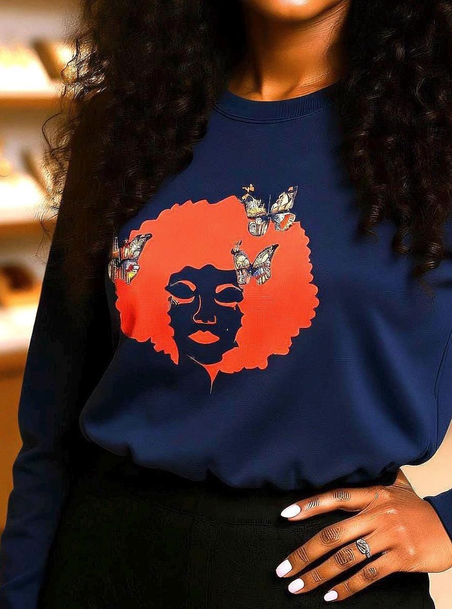 Afro Art Sweatshirt: Embroidered Unisex Graphic Top - Cozy Cotton Blend