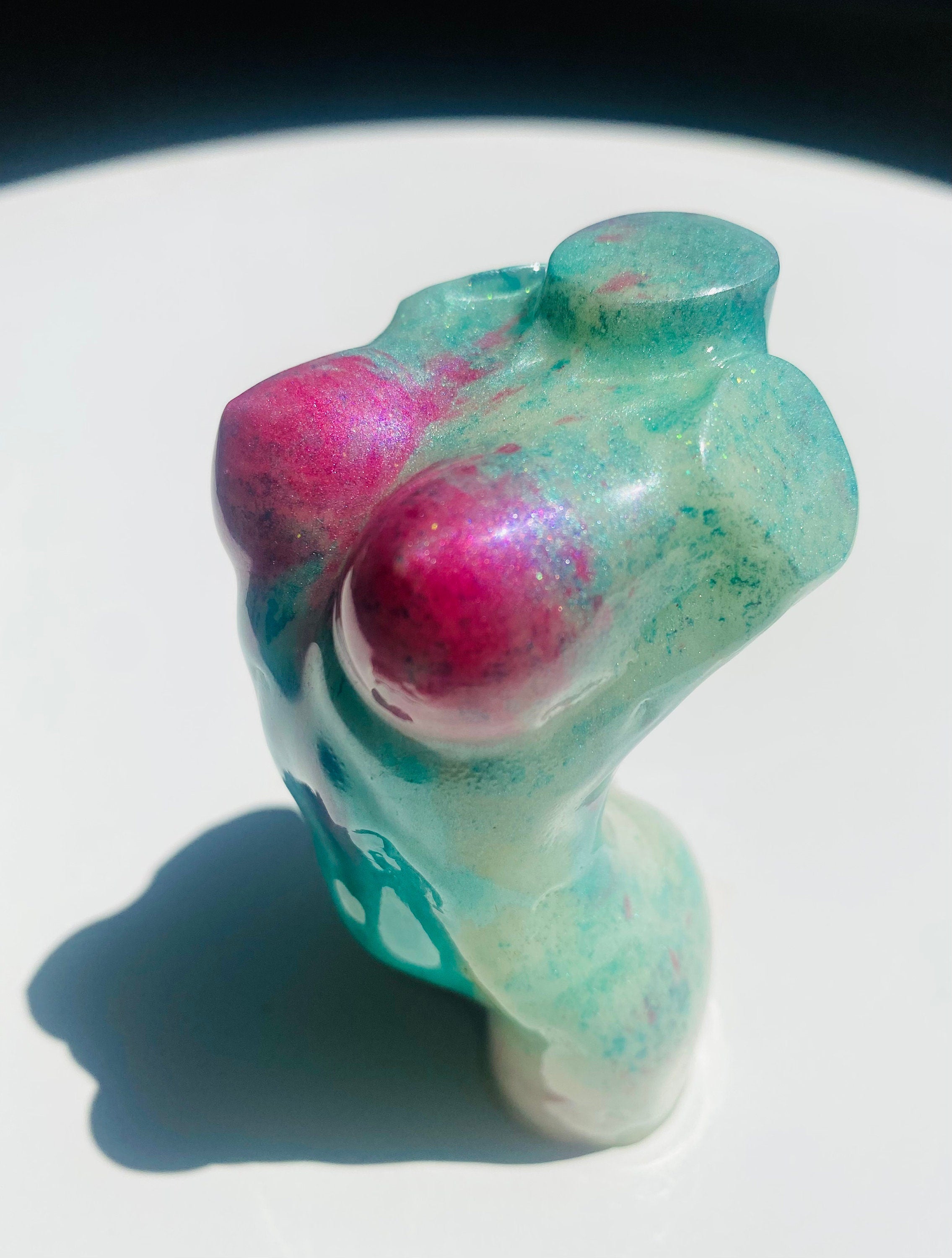 Hand Made/Resin/Fit Body Goddess Figure W/Pink Breast/ Aqua Blue