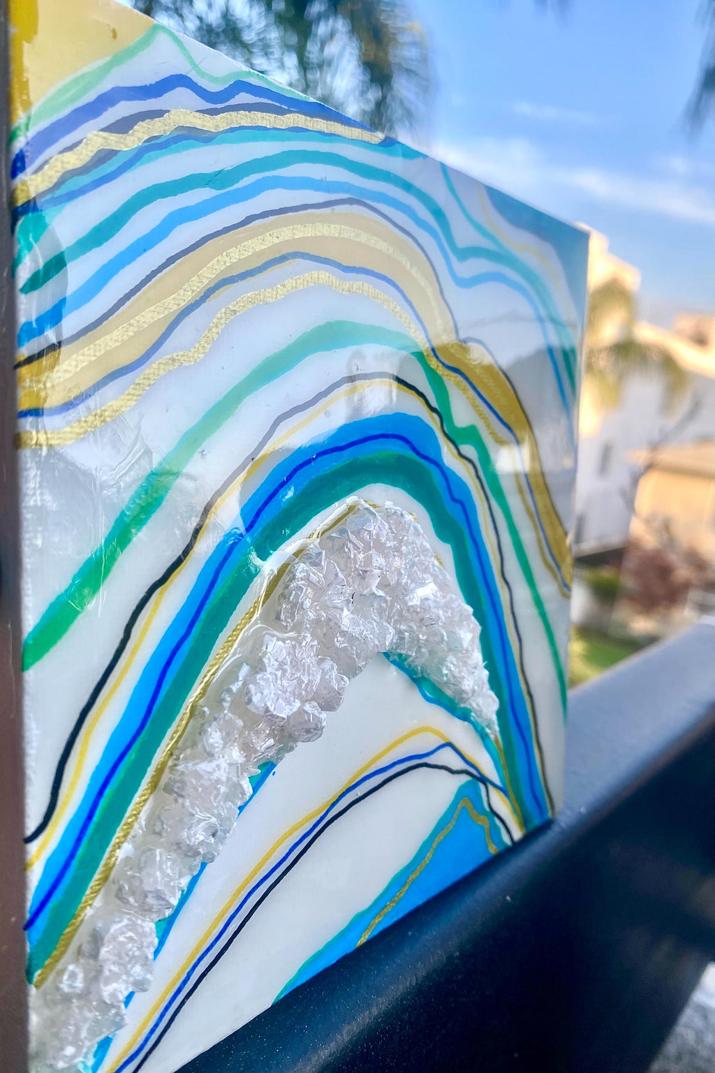 Handmade Geode Canvas Art: Aqua Blue Green Arch, Resin & Glass (6x6 in.)