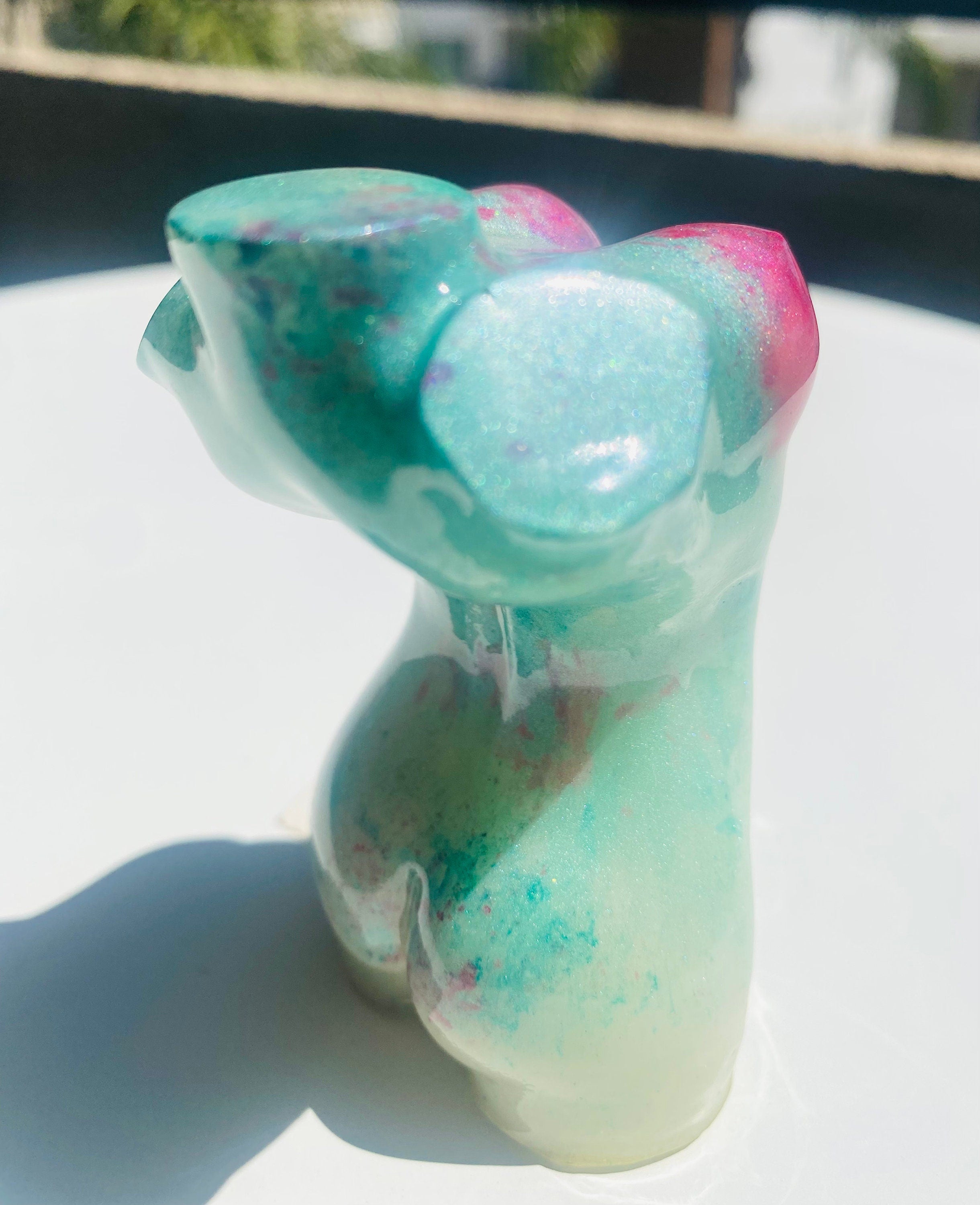 Hand Made/Resin/Fit Body Goddess Figure W/Pink Breast/ Aqua Blue