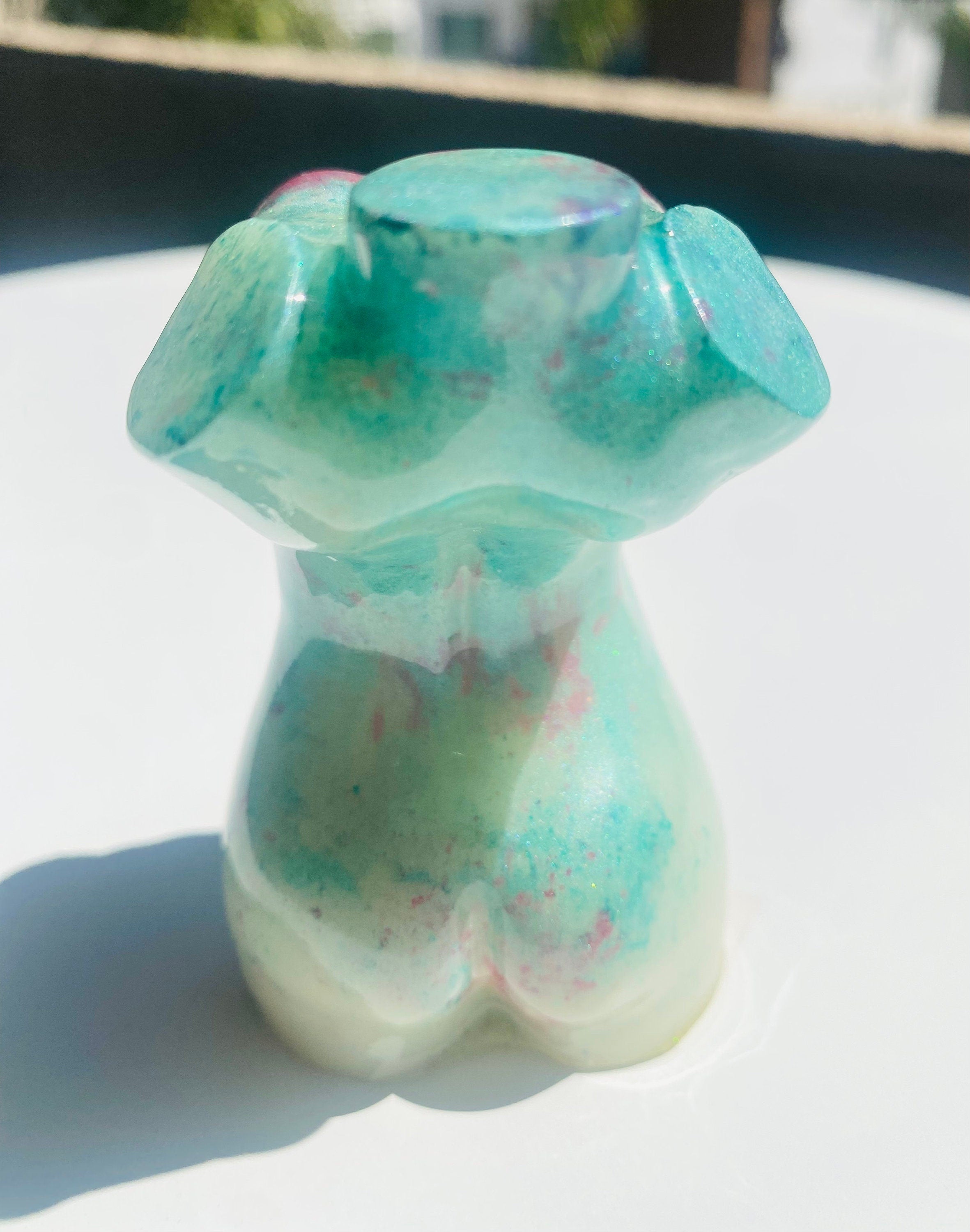 Hand Made/Resin/Fit Body Goddess Figure W/Pink Breast/ Aqua Blue
