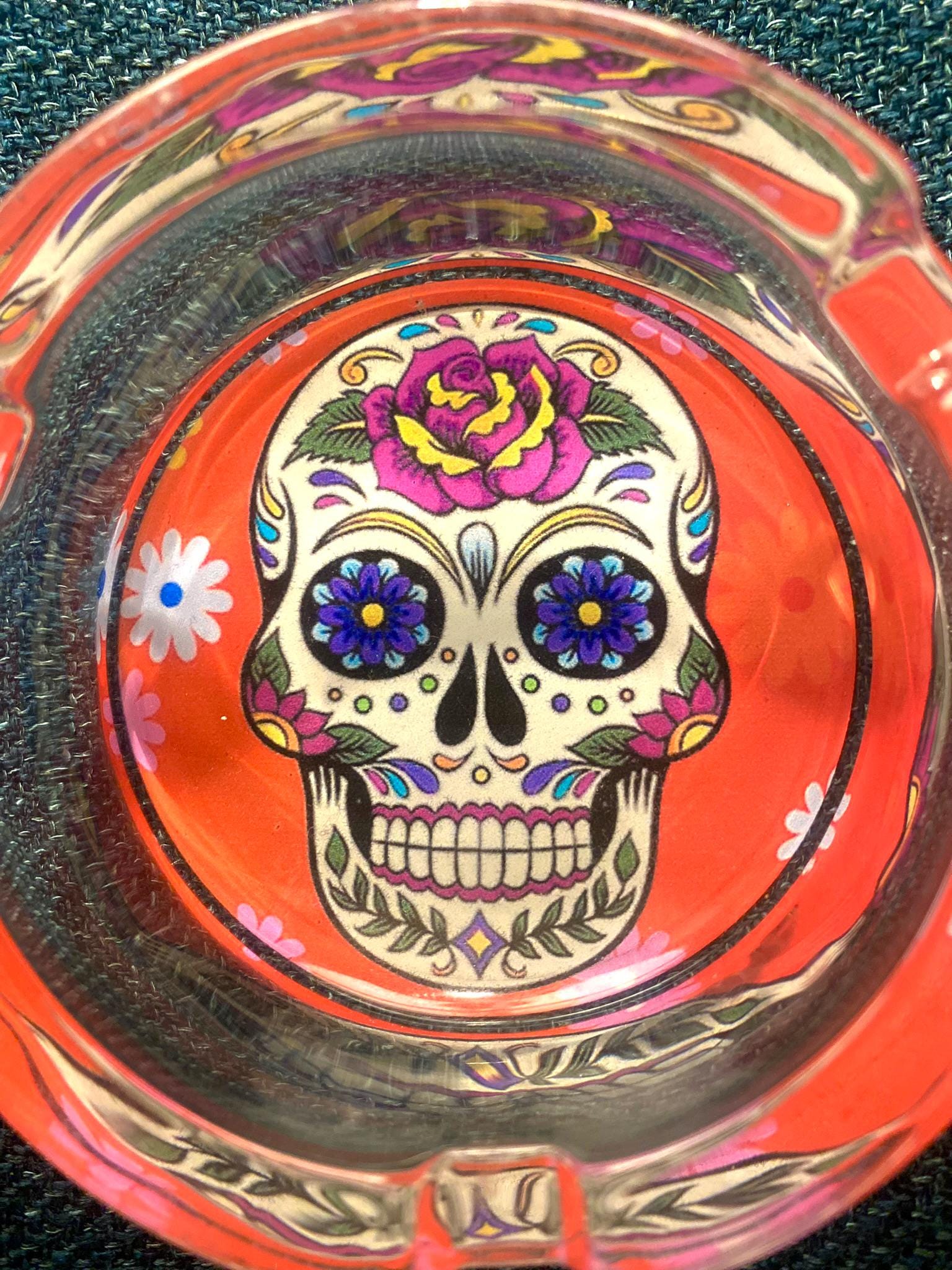 Vibrant Orange Sugar Skull, Decor Glass, Day of the Dead Ashtray, Thick Glass, Themed, Ashtray