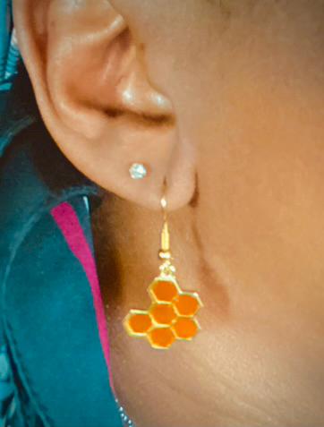 Golden Honey Comb, Dangle Earring, Gold Hook With Rubber Backing