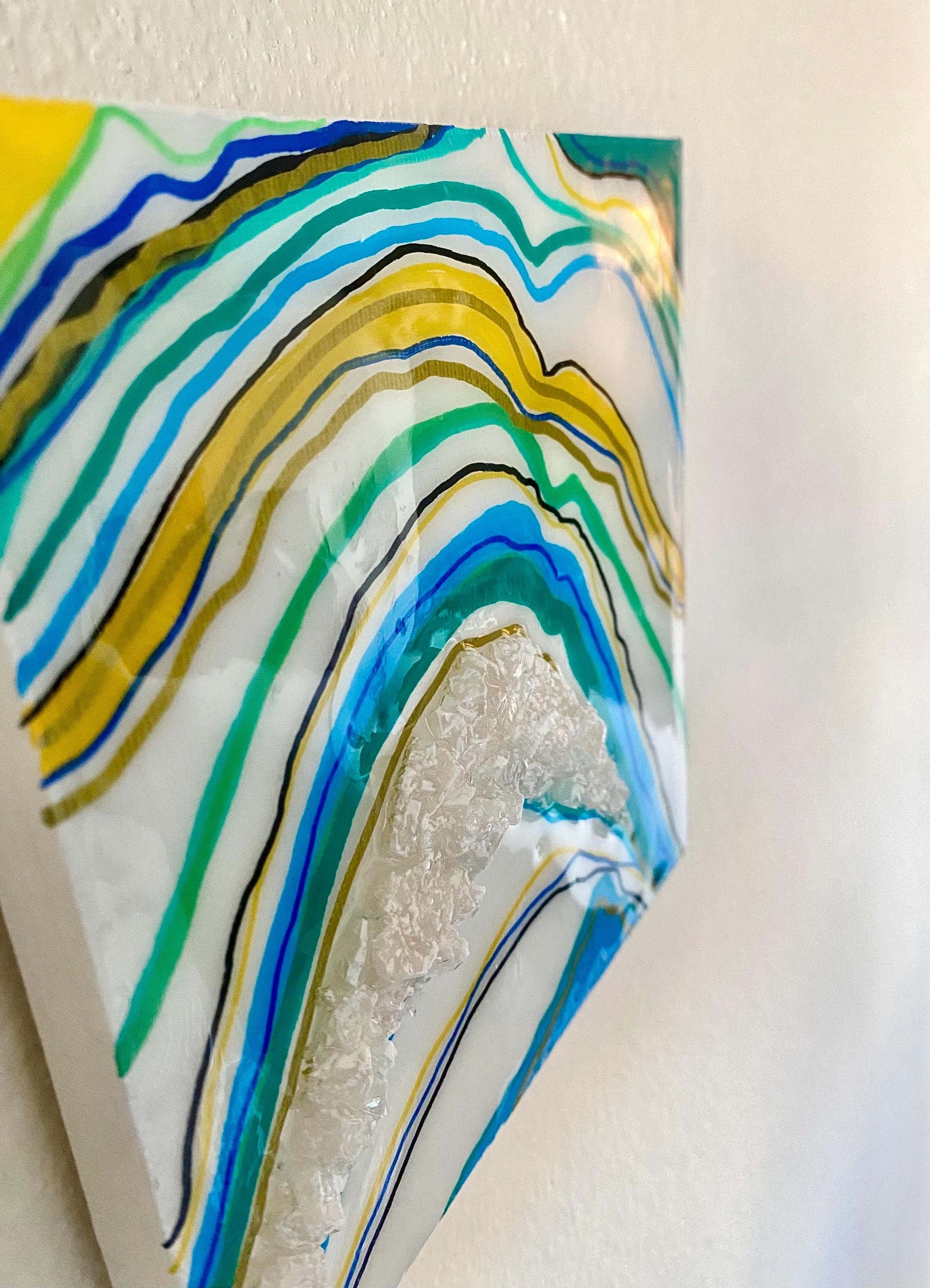 Handmade Geode Canvas Art: Aqua Blue Green Arch, Resin & Glass (6x6 in.)