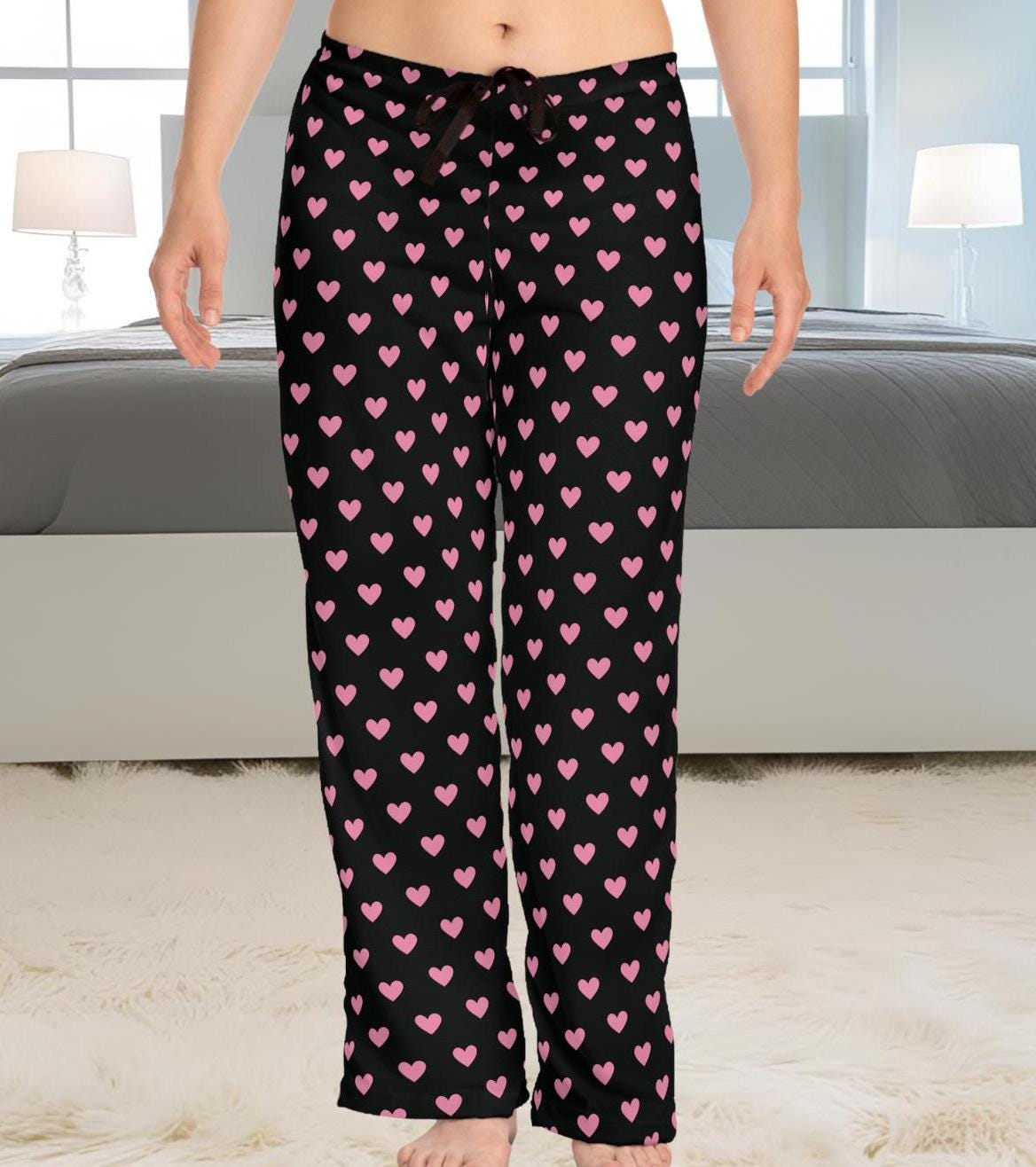 Heart Print Pajama Pants: Pink & Black Cozy Lounge Sleepwear
