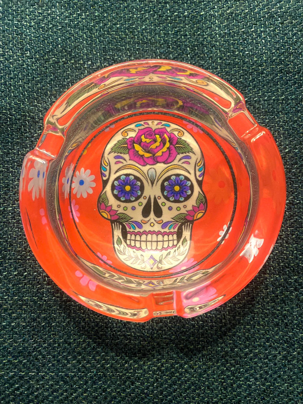Vibrant Orange Sugar Skull, Decor Glass, Day of the Dead Ashtray, Thick Glass, Themed, Ashtray