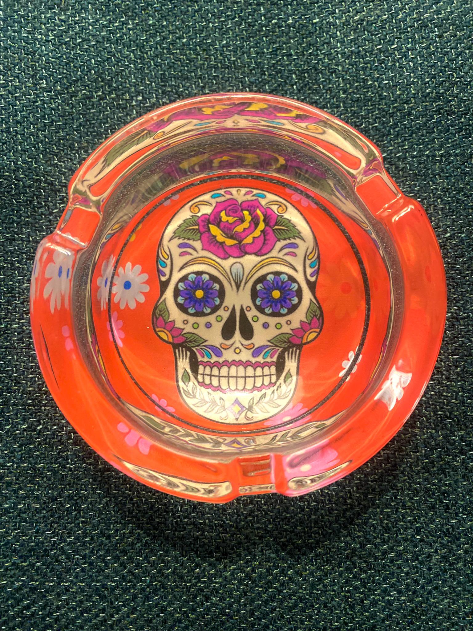 Vibrant Orange Sugar Skull, Decor Glass, Day of the Dead Ashtray, Thick Glass, Themed, Ashtray