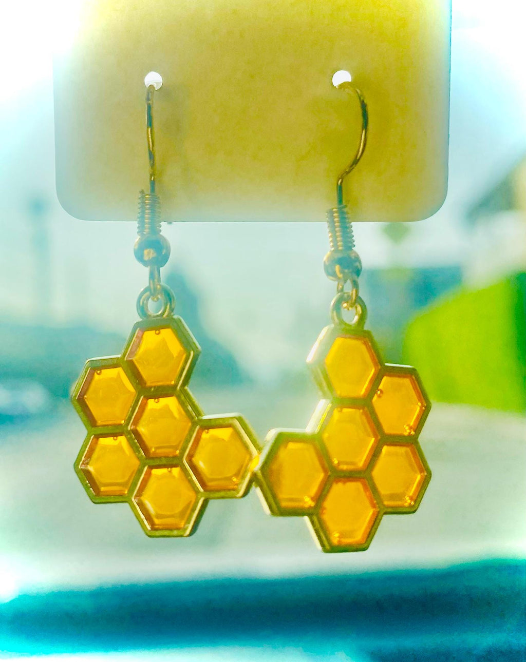 Golden Honey Comb, Dangle Earring, Gold Hook With Rubber Backing