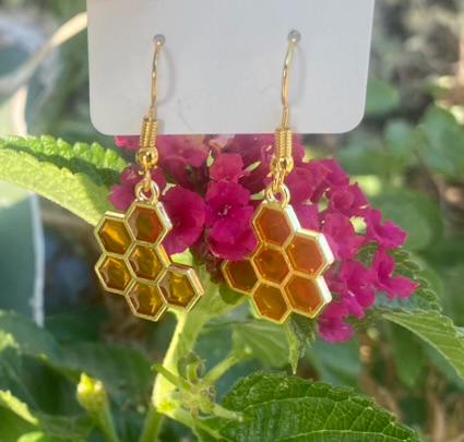 Golden Honey Comb, Dangle Earring, Gold Hook With Rubber Backing