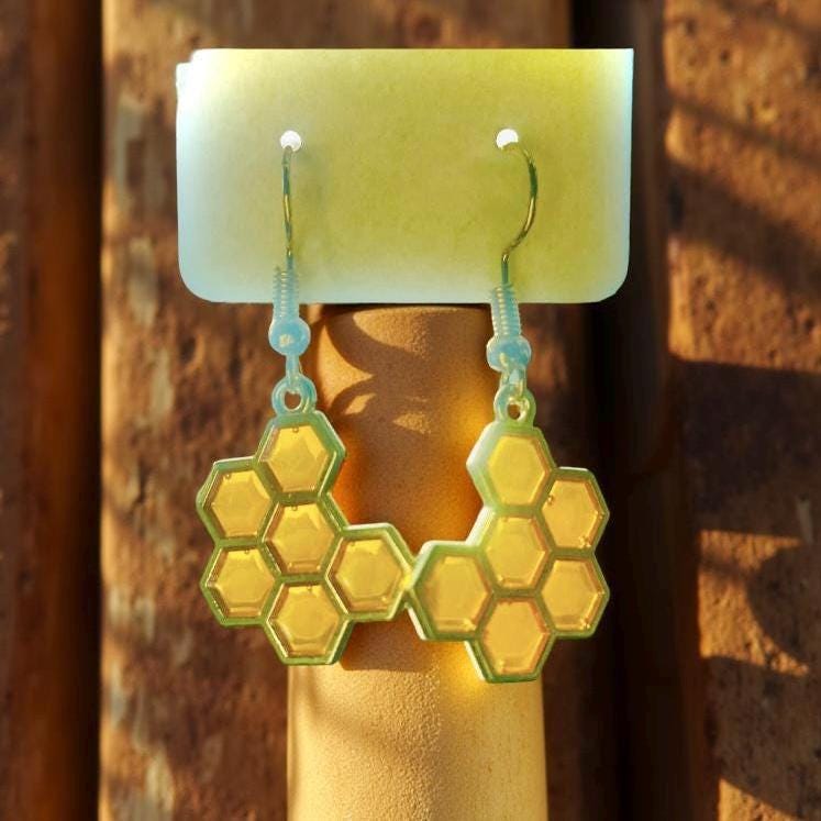 Golden Honey Comb, Dangle Earring, Gold Hook With Rubber Backing