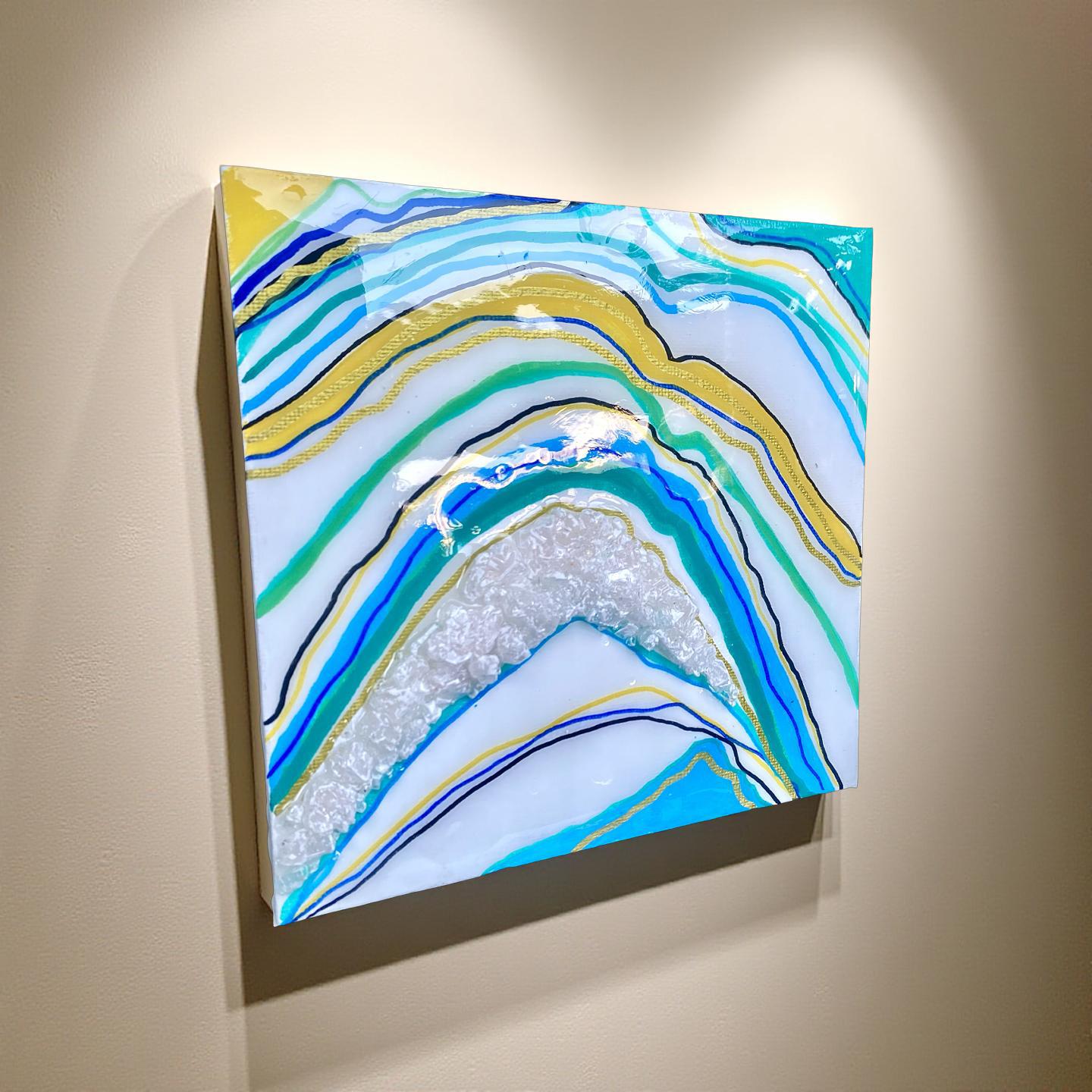 Handmade Geode Canvas Art: Aqua Blue Green Arch, Resin & Glass (6x6 in.)