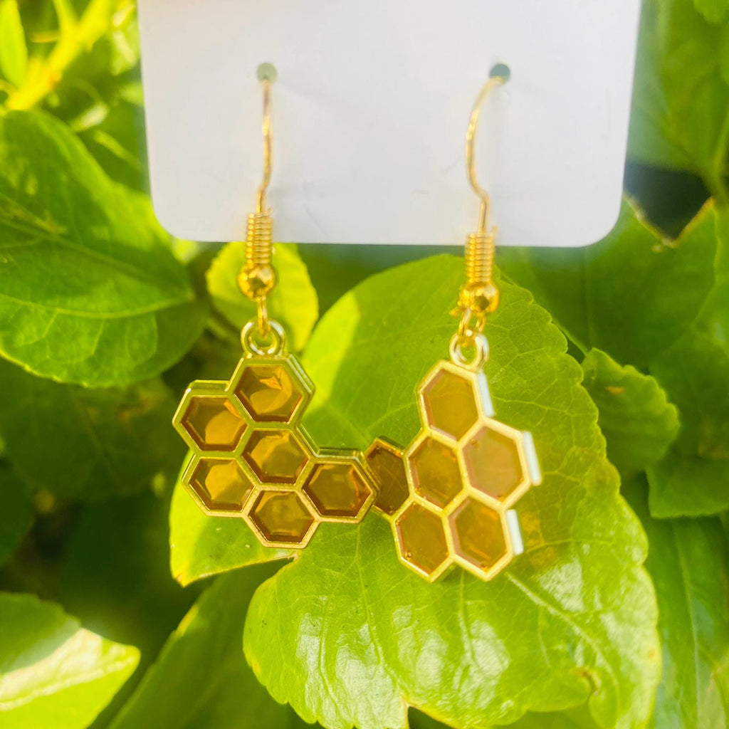 Golden Honey Comb, Dangle Earring, Gold Hook With Rubber Backing