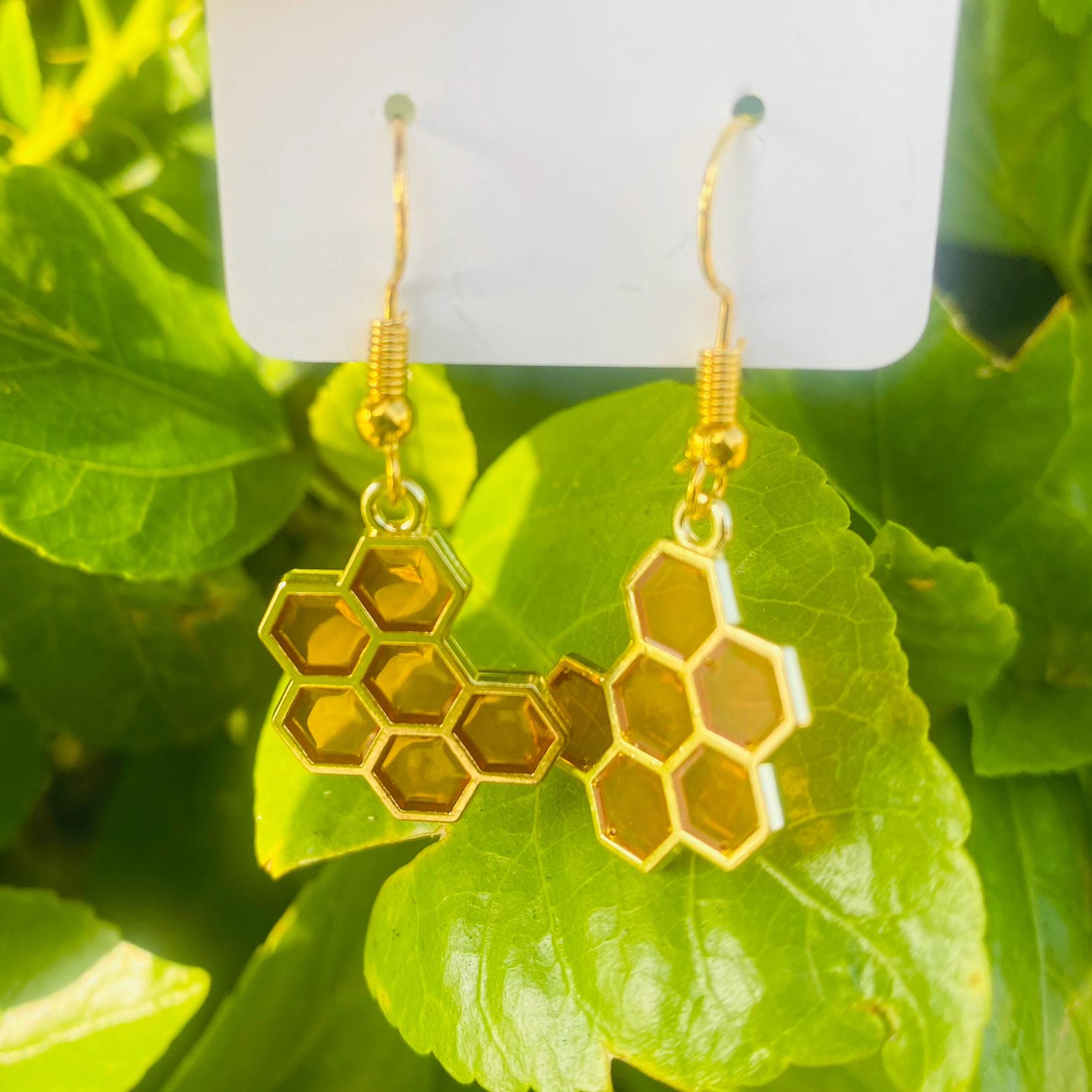 Golden Honey Comb, Dangle Earring, Gold Hook With Rubber Backing