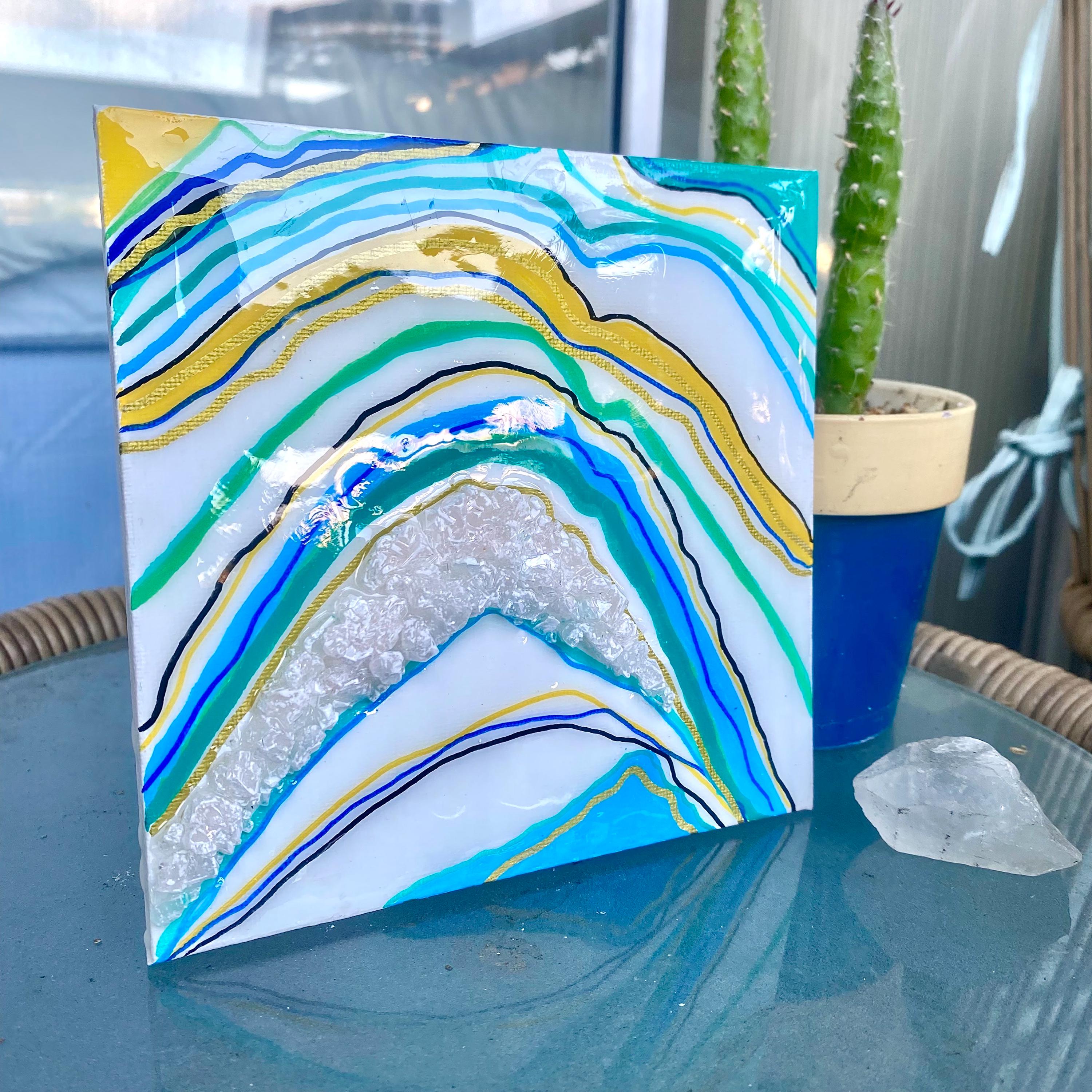 Handmade Geode Canvas Art: Aqua Blue Green Arch, Resin & Glass (6x6 in.)