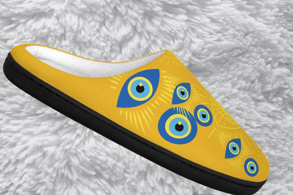 Golden Eye Pattern Fleece Slippers: Bohemian Indoor Comfort