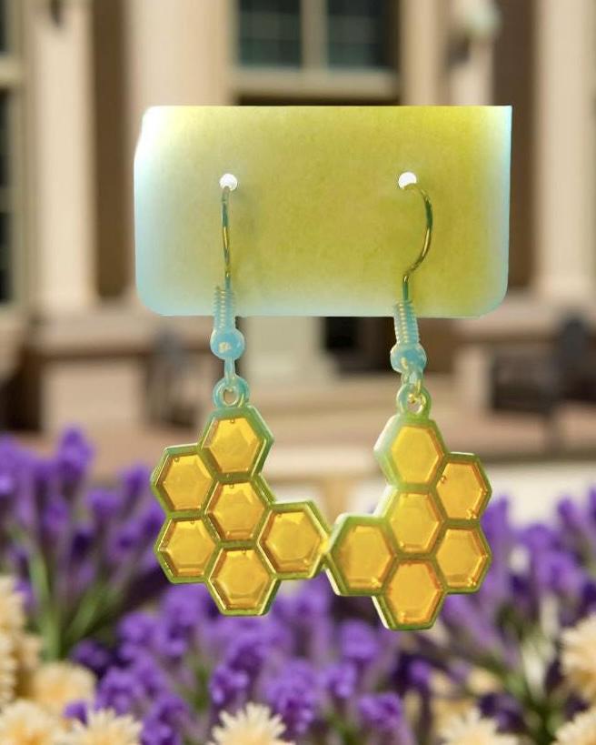 Golden Honey Comb, Dangle Earring, Gold Hook With Rubber Backing