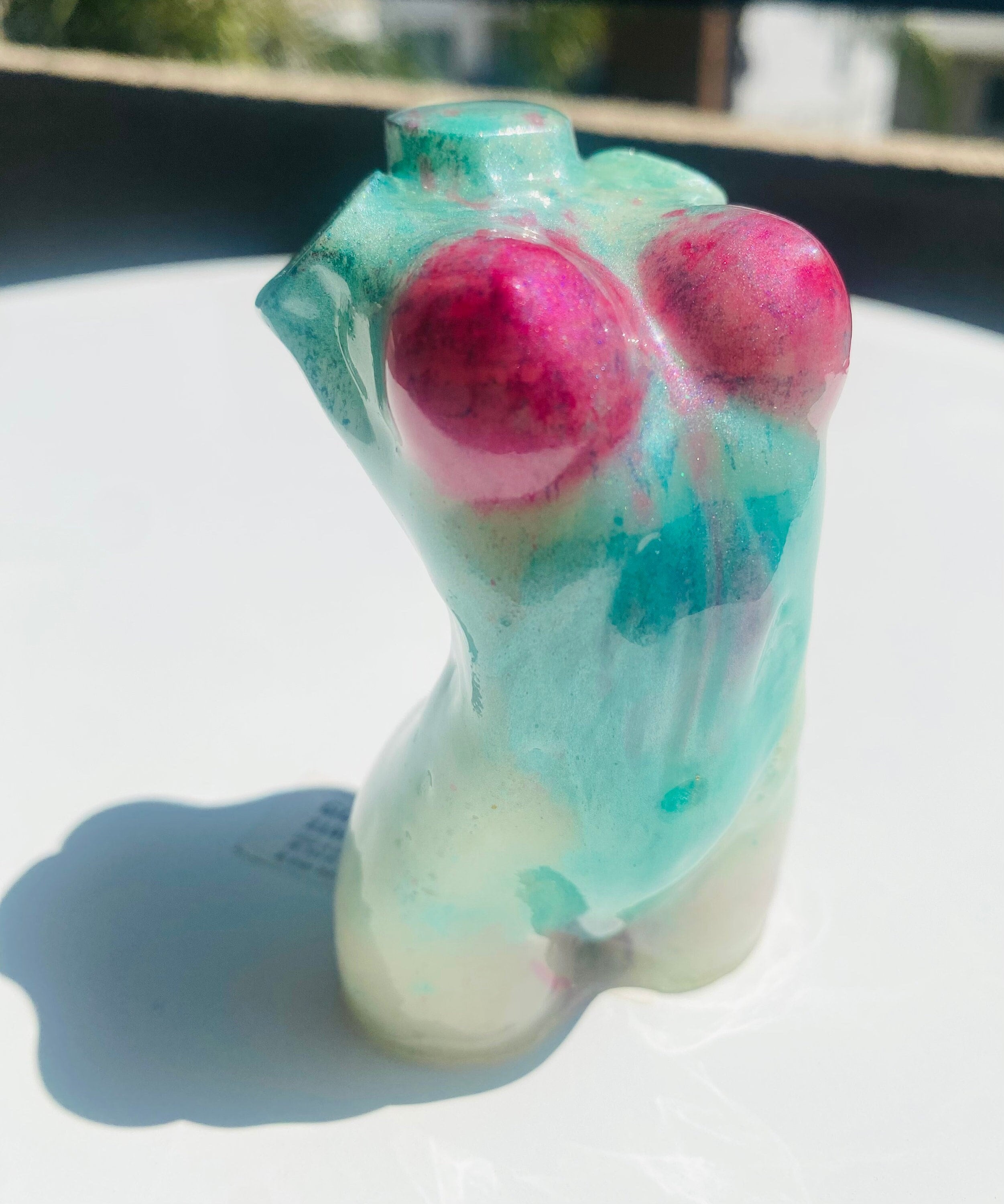 Hand Made/Resin/Fit Body Goddess Figure W/Pink Breast/ Aqua Blue