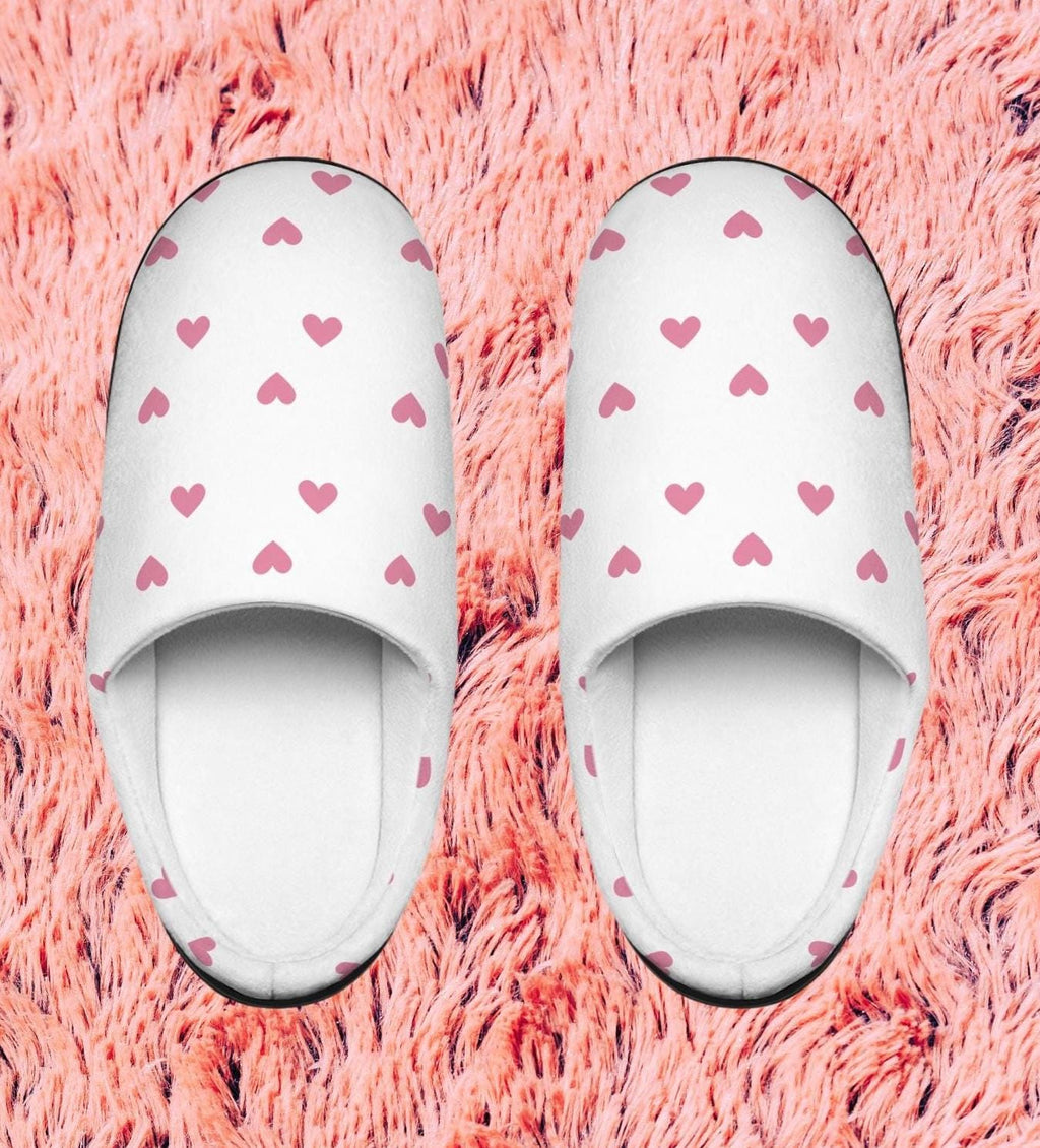 Fuzzy Pink Heart Slippers: Cozy White Plush House Shoes