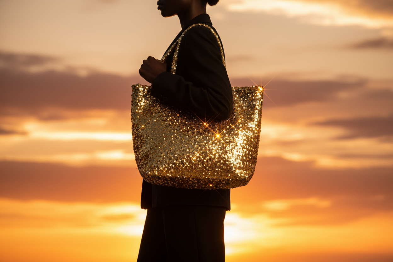 A  black woman with a sparkly golden tote bag hanging from her shoulder.  The focus is on the tote bag. She stands in profile wearing all black  and an orange gold sky is behind her