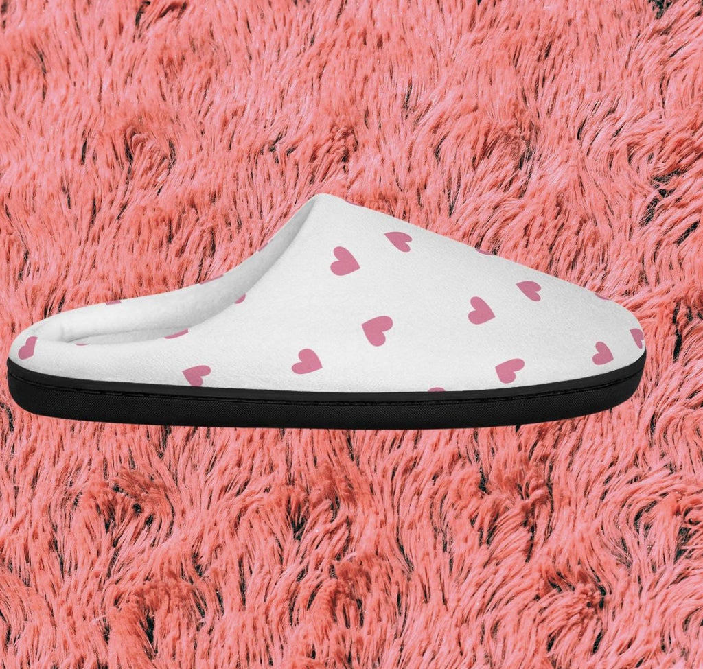 Fuzzy Pink Heart Slippers: Cozy White Plush House Shoes