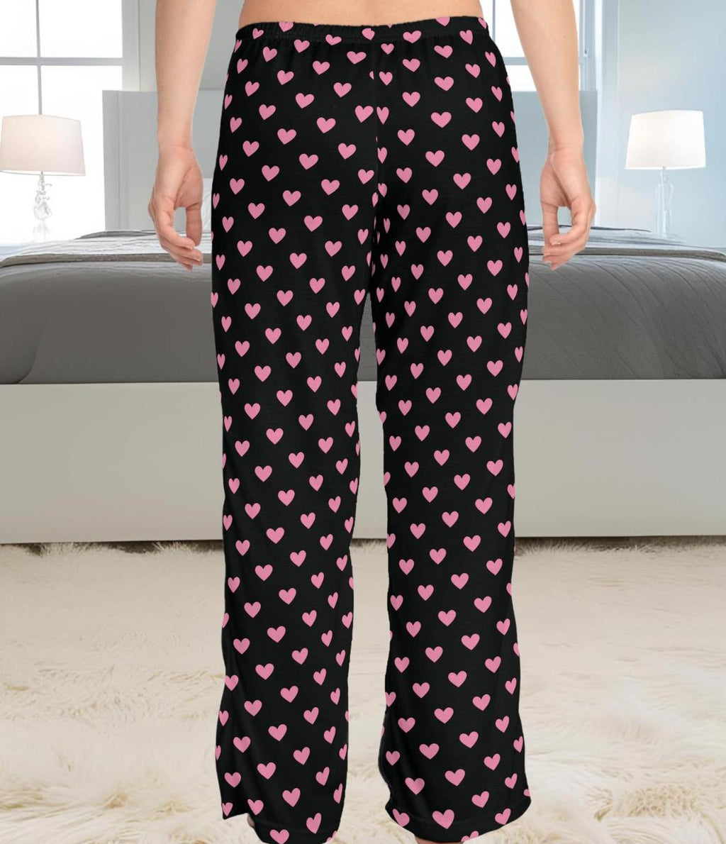 Heart Print Pajama Pants: Pink & Black Cozy Lounge Sleepwear