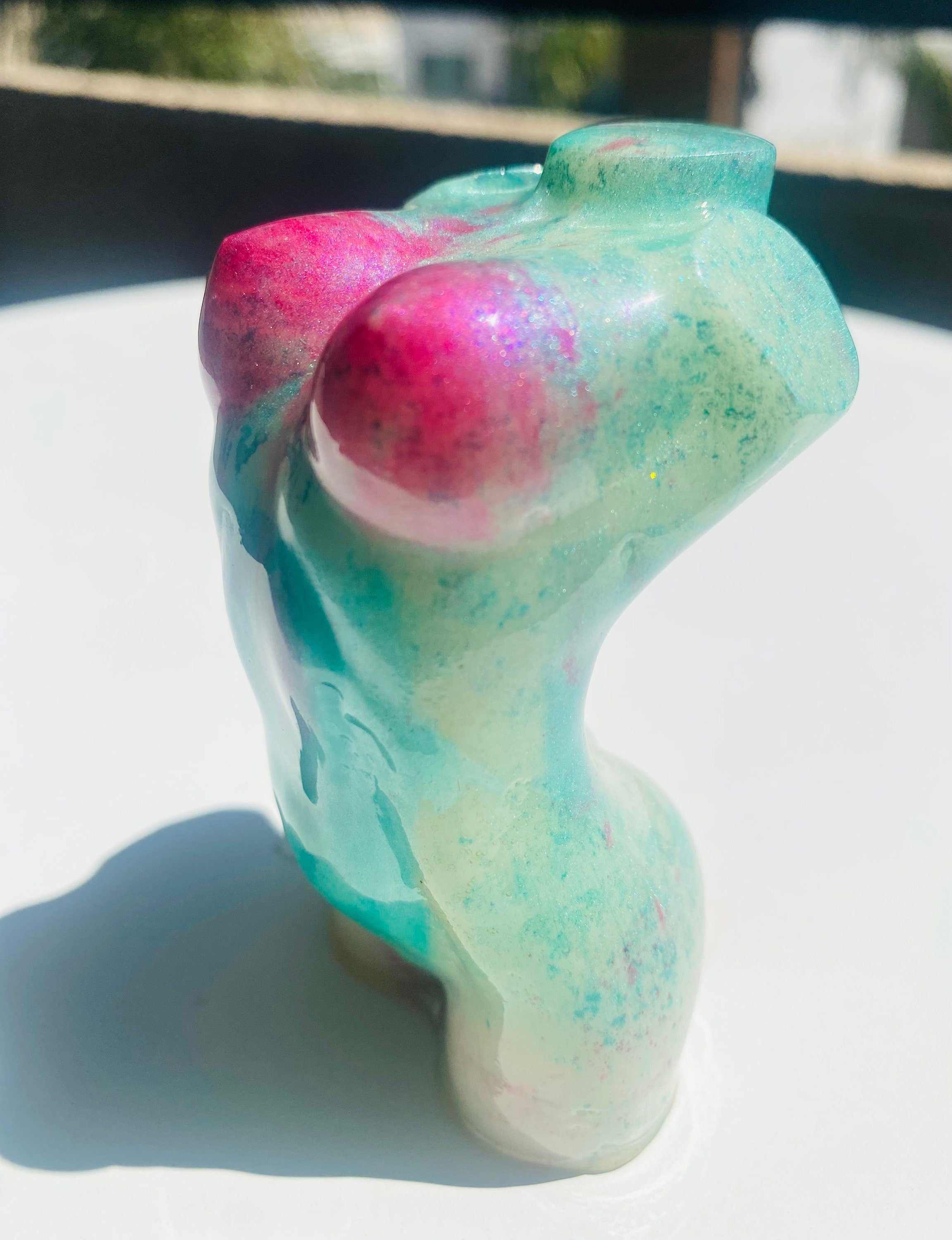 Hand Made/Resin/Fit Body Goddess Figure W/Pink Breast/ Aqua Blue