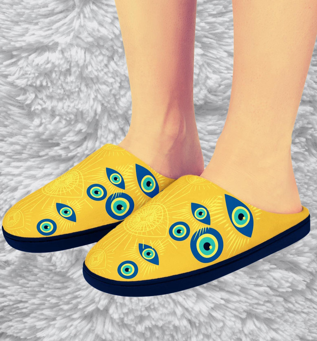 Golden Eye Pattern Fleece Slippers: Bohemian Indoor Comfort