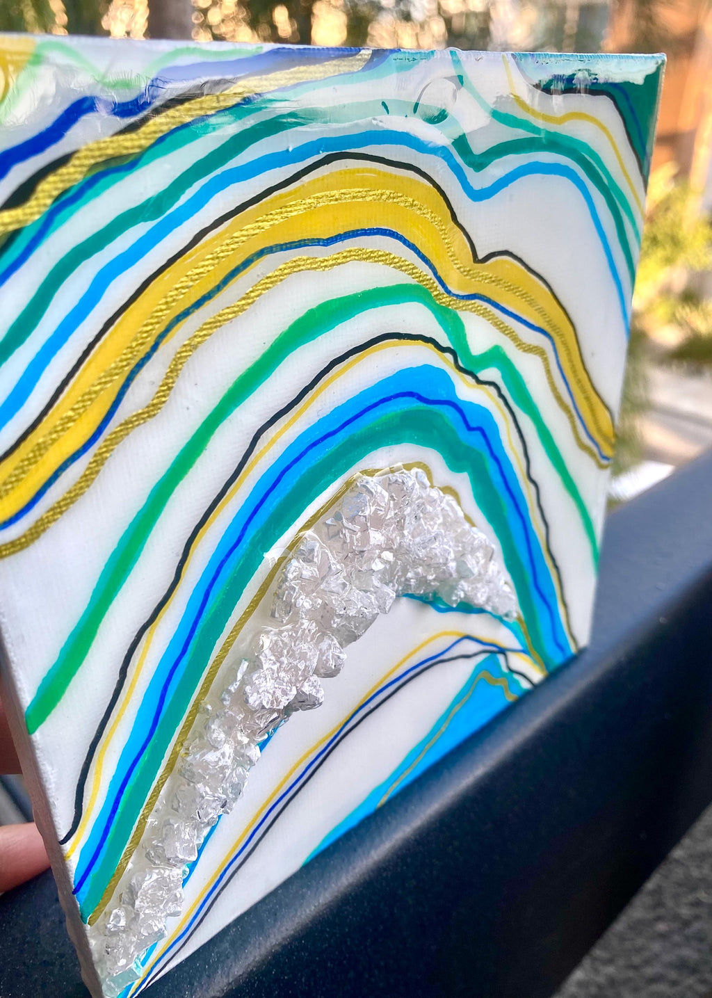 Handmade Geode Canvas Art: Aqua Blue Green Arch, Resin & Glass (6x6 in.)