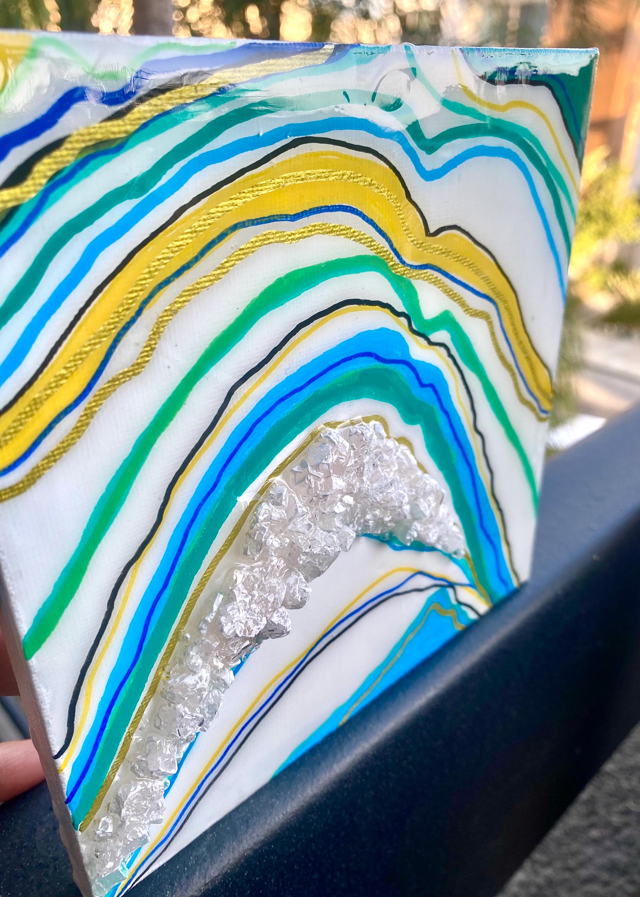 Handmade Geode Canvas Art: Aqua Blue Green Arch, Resin & Glass (6x6 in.)
