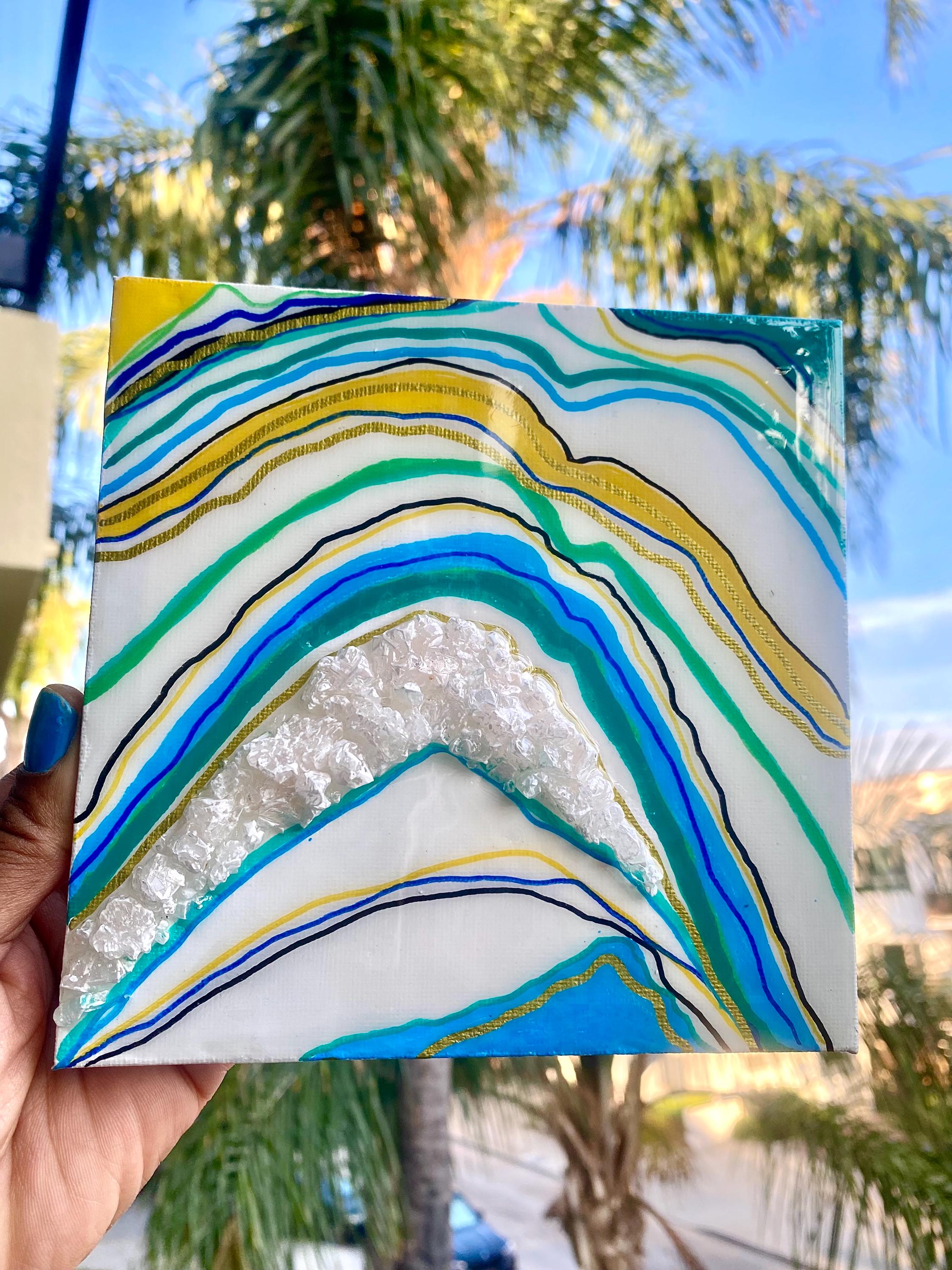 Handmade Geode Canvas Art: Aqua Blue Green Arch, Resin & Glass (6x6 in.)