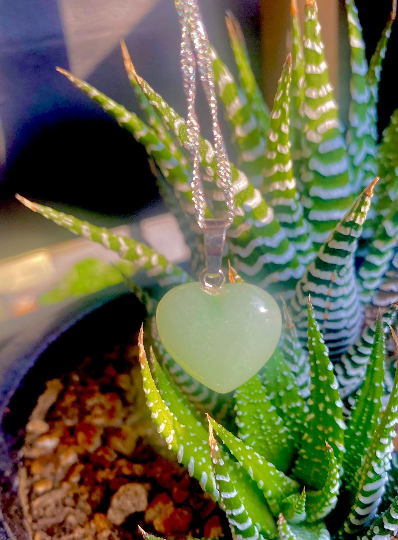Jade Heart Necklace: Silver Chain, Green Gem